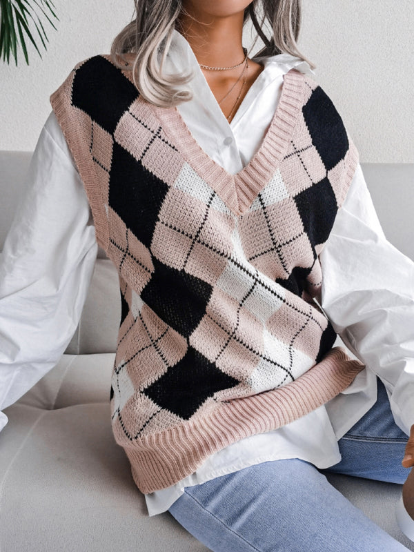 Diamond Knitted V Neck Sweater - Ribbed Vest Sweater Vests - Chuzko Women Clothing