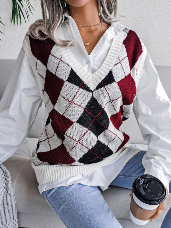 Diamond Knitted V Neck Sweater - Ribbed Vest Sweater Vests - Chuzko Women Clothing