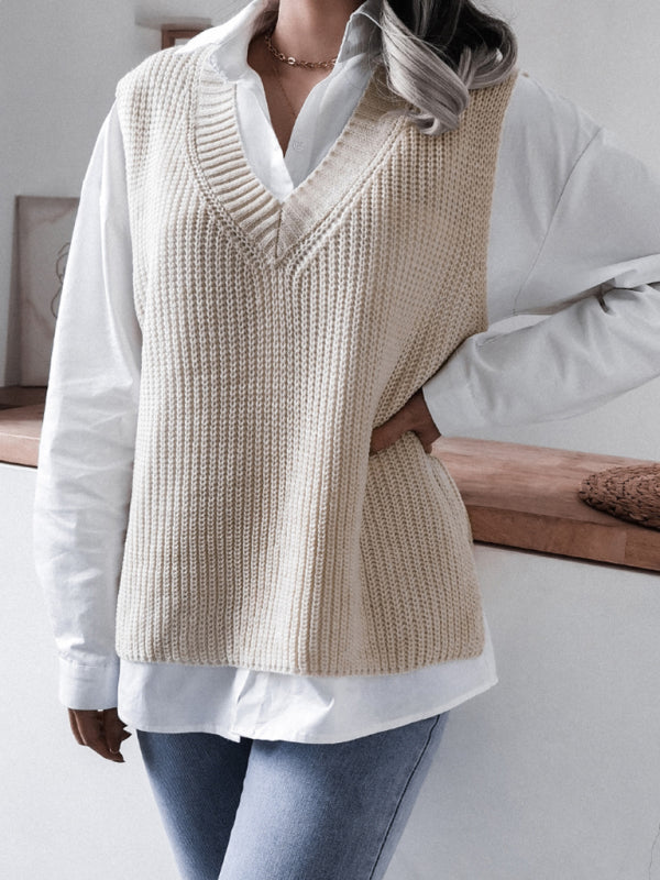 Knitted V Neck Sweater Vest Sweater Vests - Chuzko Women Clothing