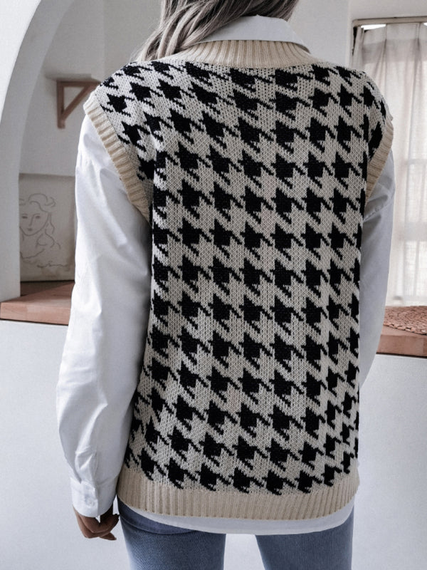 Knitted V Neck Sweater - Houndstooth Vest Sweater Vests - Chuzko Women Clothing