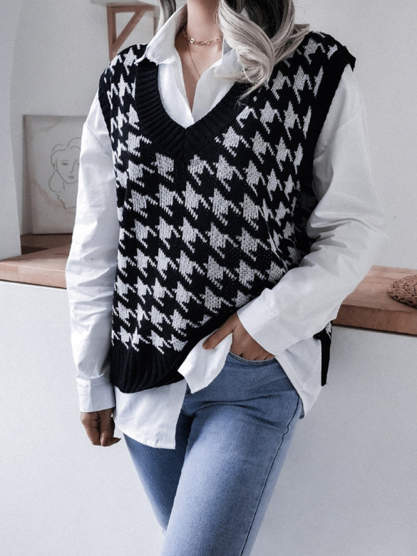 Knitted V Neck Sweater - Houndstooth Vest Sweater Vests - Chuzko Women Clothing