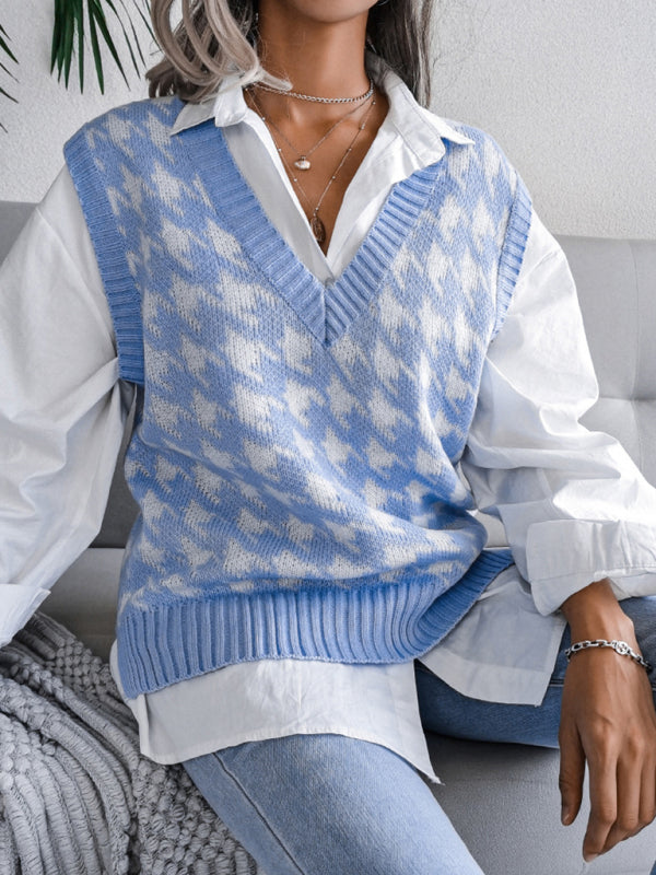 Knitted V Neck Sweater - Houndstooth Vest Sweater Vests - Chuzko Women Clothing