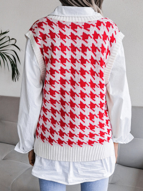 Knitted V Neck Sweater - Houndstooth Vest Sweater Vests - Chuzko Women Clothing