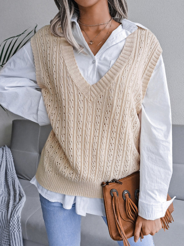 Knitted V Neck Sweater - Twist Cable Knit Vest Sweater Vests - Chuzko Women Clothing