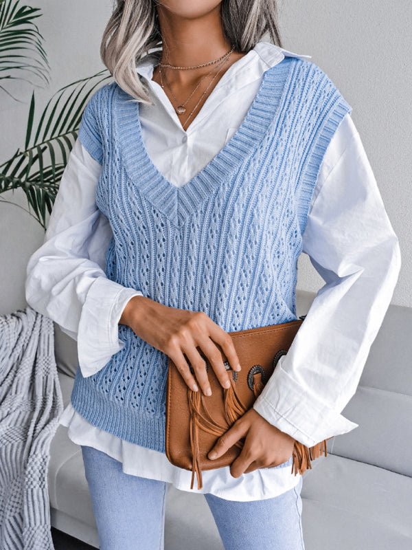 Knitted V Neck Sweater - Twist Cable Knit Vest Sweater Vests - Chuzko Women Clothing