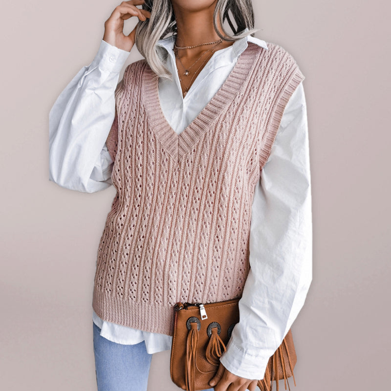 Knitted V Neck Sweater - Twist Cable Knit Vest Sweater Vests - Chuzko Women Clothing