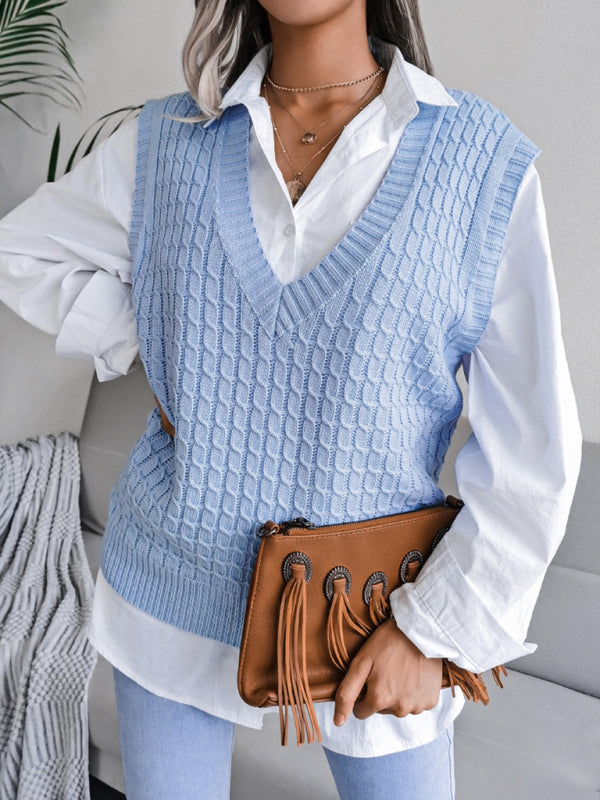 Knitwear Vest - V Neck Twist Knitted Sweater Sweater Vests - Chuzko Women Clothing