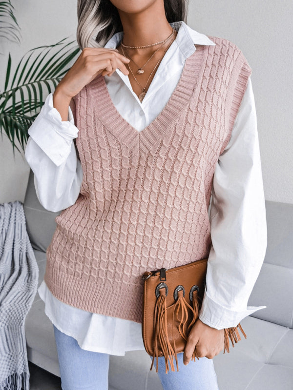 Knitwear Vest - V Neck Twist Knitted Sweater Sweater Vests - Chuzko Women Clothing