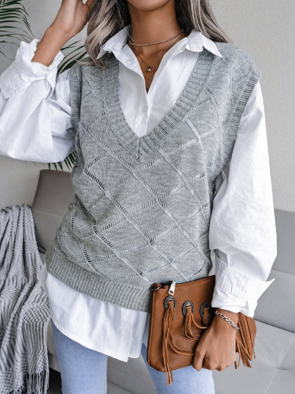 Knitted Sweater - Diamond Openwork Ribbed Vest Sweater Vests - Chuzko Women Clothing