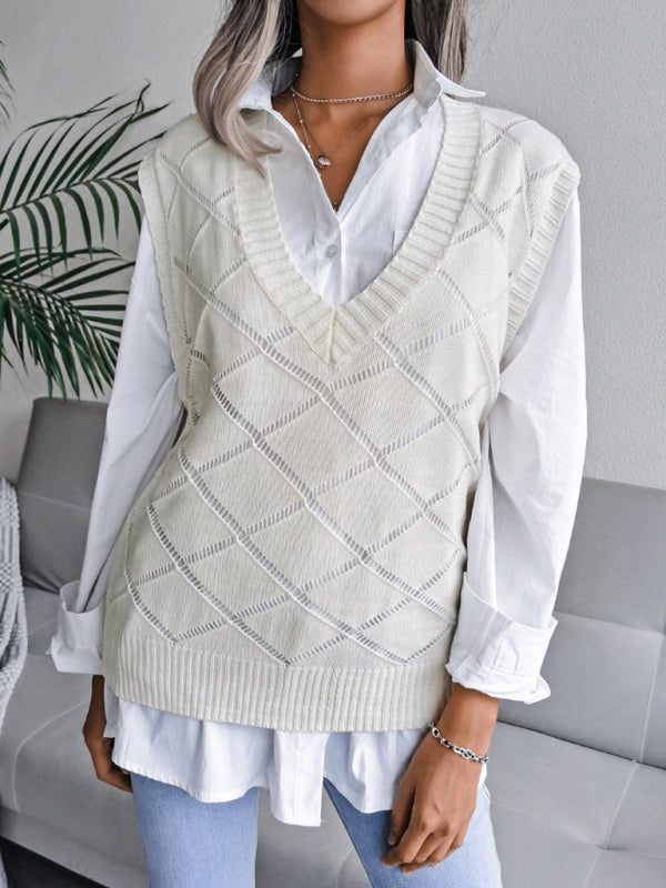 Knitted Sweater - Diamond Openwork Ribbed Vest Sweater Vests - Chuzko Women Clothing