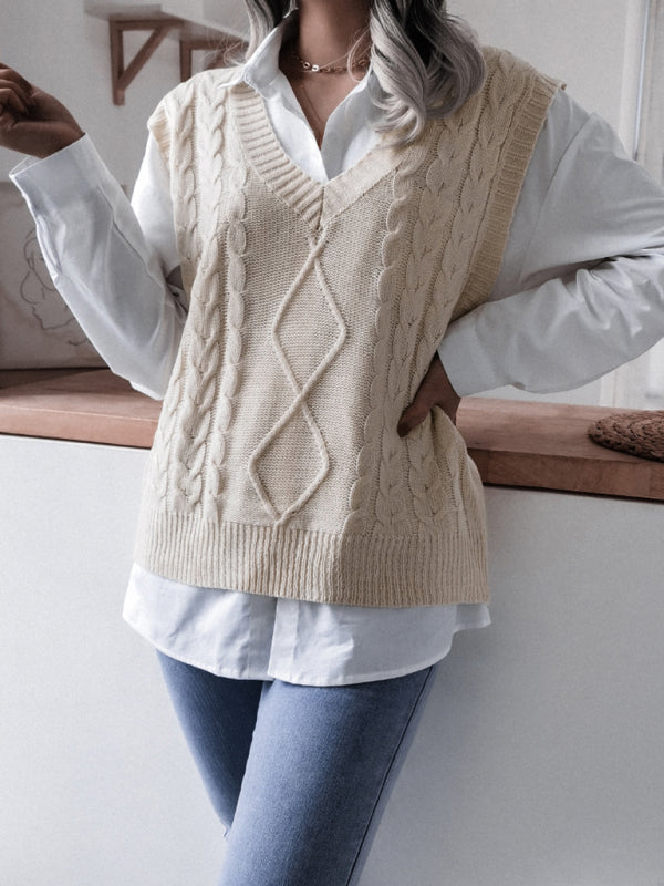 Rhombus Cable Knitted Vest - V Neck Sweater Sweater Vests - Chuzko Women Clothing