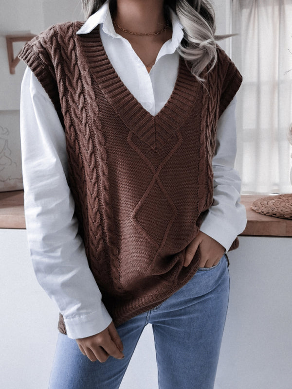 Rhombus Cable Knitted Vest - V Neck Sweater Sweater Vests - Chuzko Women Clothing