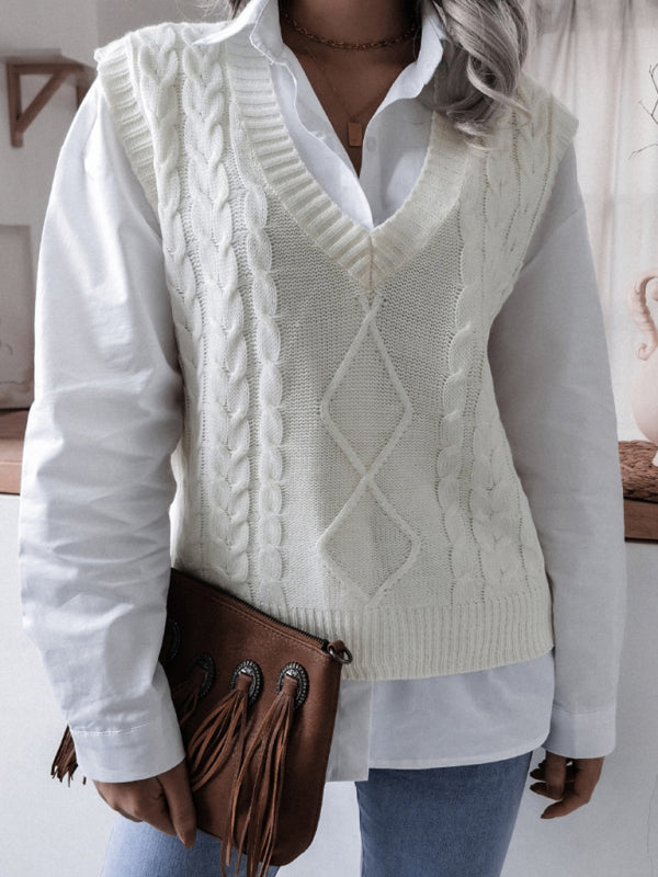 Rhombus Cable Knitted Vest - V Neck Sweater Sweater Vests - Chuzko Women Clothing