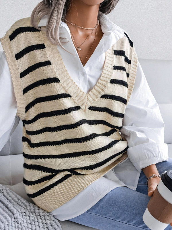 Stripe Knit V Neck Vest - Fall-Winter Sweater Sweater Vests - Chuzko Women Clothing