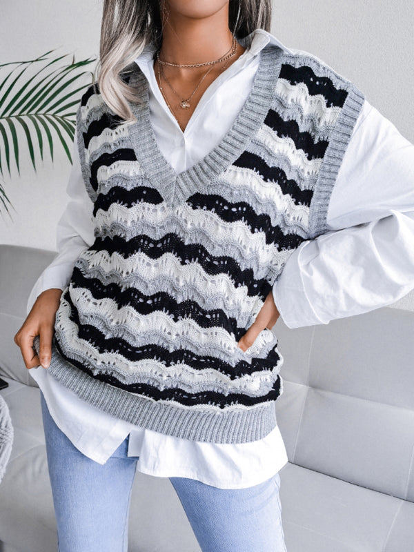 Stripe Knit V Neck Ves - Knitwear Sweater Sweater Vests - Chuzko Women Clothing