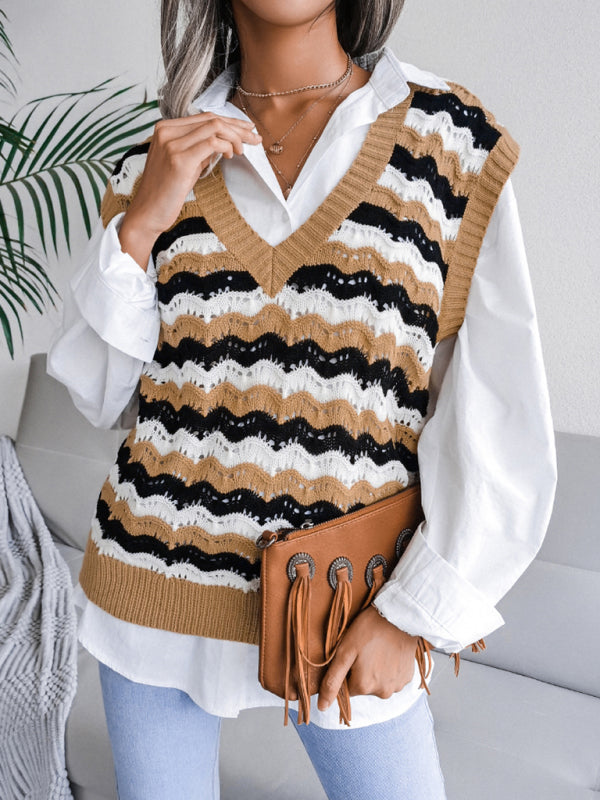 Stripe Knit V Neck Ves - Knitwear Sweater Sweater Vests - Chuzko Women Clothing