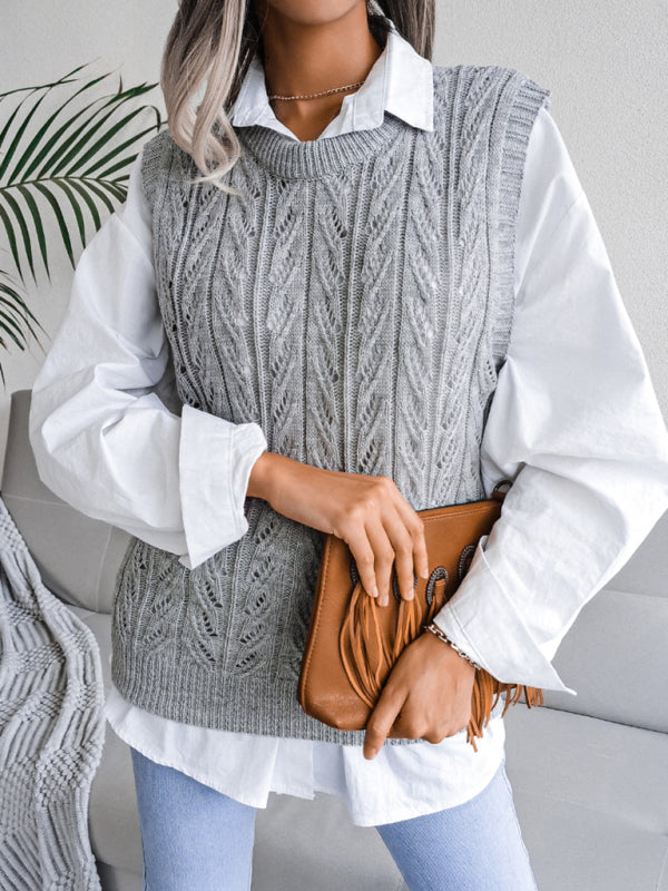 Cable Knit Round Neck Sweater Vest Sweater Vests - Chuzko Women Clothing