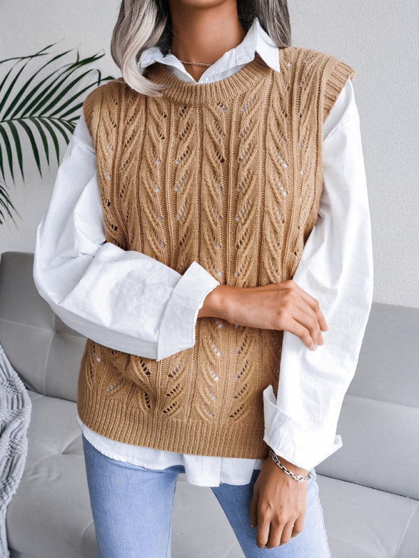 Cable Knit Round Neck Sweater Vest Sweater Vests - Chuzko Women Clothing