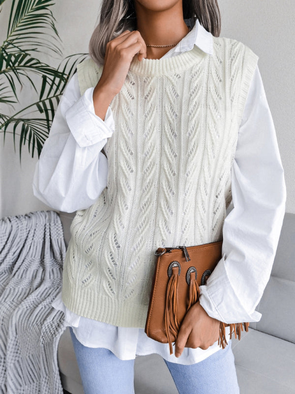 Cable Knit Round Neck Sweater Vest Sweater Vests - Chuzko Women Clothing