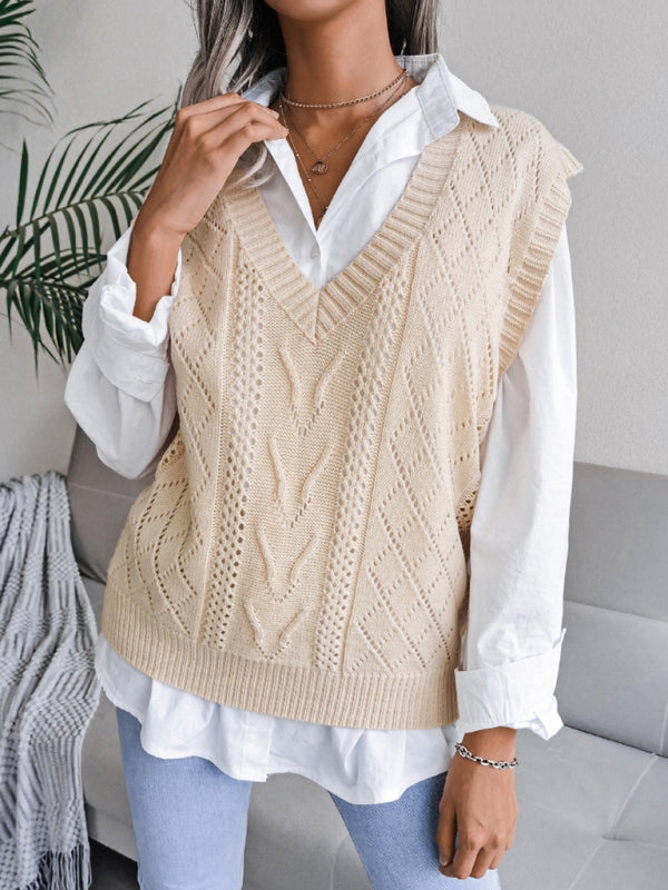 Cable Knit V Neck Sweater - Knitwear Vest Sweater Vests - Chuzko Women Clothing