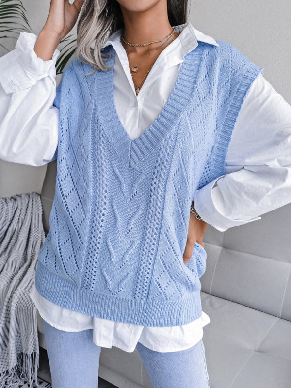 Cable Knit V Neck Sweater - Knitwear Vest Sweater Vests - Chuzko Women Clothing