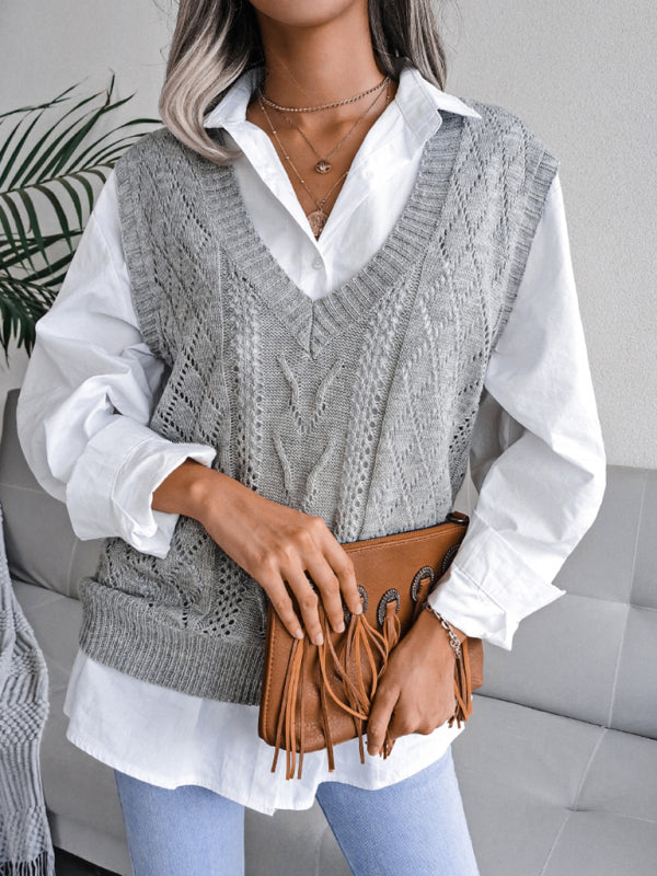 Cable Knit V Neck Sweater - Knitwear Vest Sweater Vests - Chuzko Women Clothing