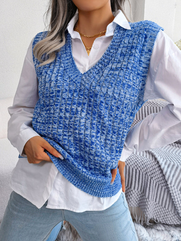 Knitted V Neck Sweater Vest - Knitwear Slipover Sweater Vests - Chuzko Women Clothing