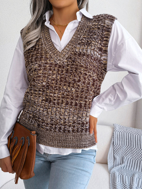 Knitted V Neck Sweater Vest - Knitwear Slipover Sweater Vests - Chuzko Women Clothing