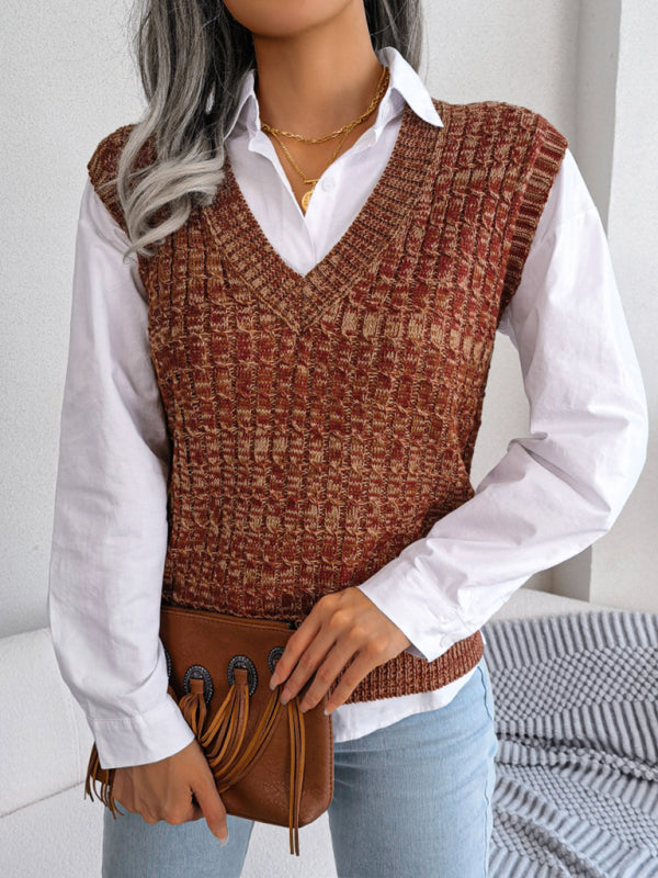 Knitted V Neck Sweater Vest - Knitwear Slipover Sweater Vests - Chuzko Women Clothing