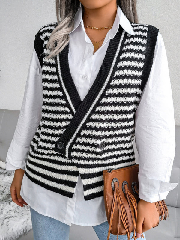 Knitted V Neck Sweate - Double-Breasted Vest Sweater Vests - Chuzko Women Clothing