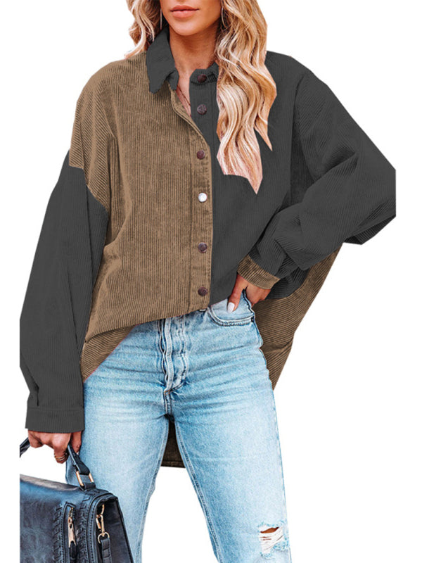 Patch Corduroy Oversized Shirt Jacket Patchwork Jackets - Chuzko Women Clothing