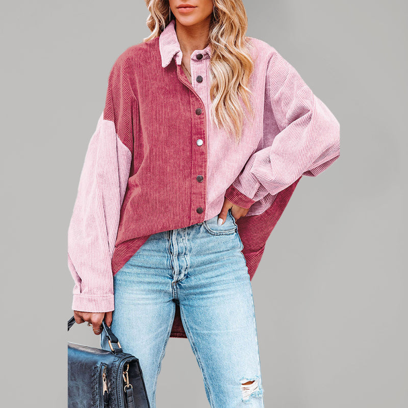 Patch Corduroy Oversized Shirt Jacket Patchwork Jackets - Chuzko Women Clothing