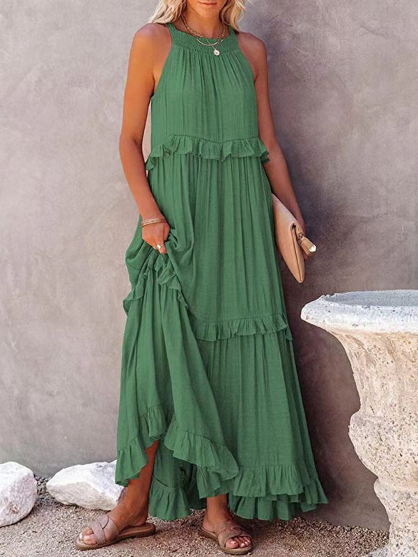 Vacation Solid A-Line Tiered Ruffle Halter Maxi Dress Dresses - Chuzko Women Clothing