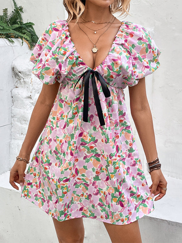 Floral Doll Puff short Sleeve Contrast Tie Mini Dress Dress - Chuzko Women Clothing