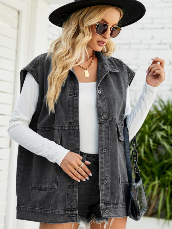 Denim Jean Utility Vest - Waistcoat Sleeveless Jacket Top - Chuzko Women Clothing