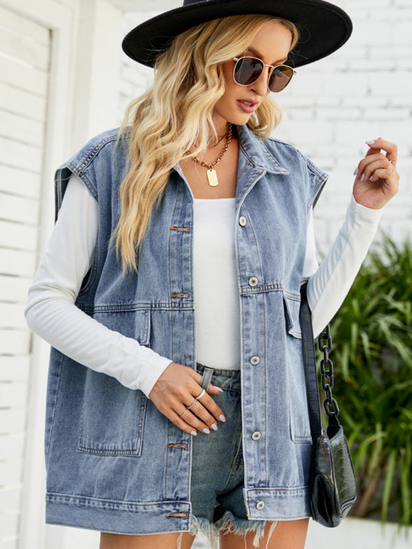 Denim Jean Utility Vest - Waistcoat Sleeveless Jacket Top - Chuzko Women Clothing