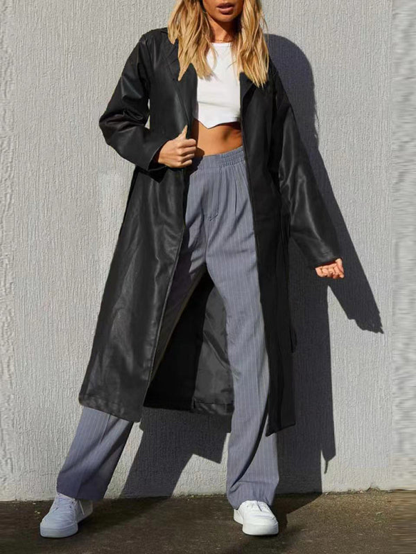 Faux Leather Long Coat: Open Front, Bowknot Back, Pockets Coats - Chuzko Women Clothing