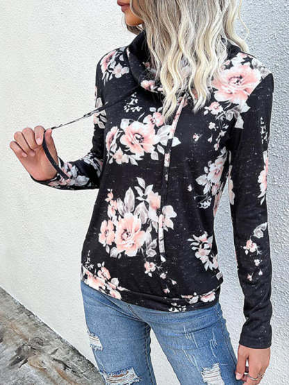 Floral Cowl Neck Sweatshirt - Adjustable Drawstring, Long Sleeve Top Sweatshirts - Chuzko Women Clothing