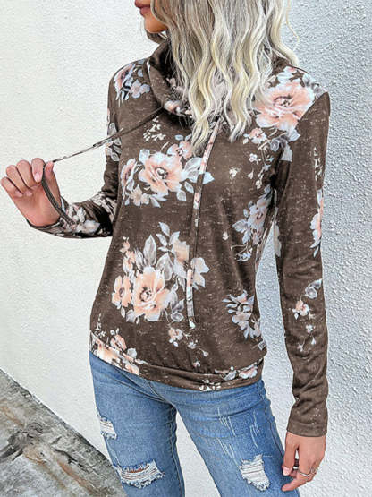 Floral Cowl Neck Sweatshirt - Adjustable Drawstring, Long Sleeve Top Sweatshirts - Chuzko Women Clothing