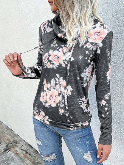 Floral Cowl Neck Sweatshirt - Adjustable Drawstring, Long Sleeve Top Sweatshirts - Chuzko Women Clothing