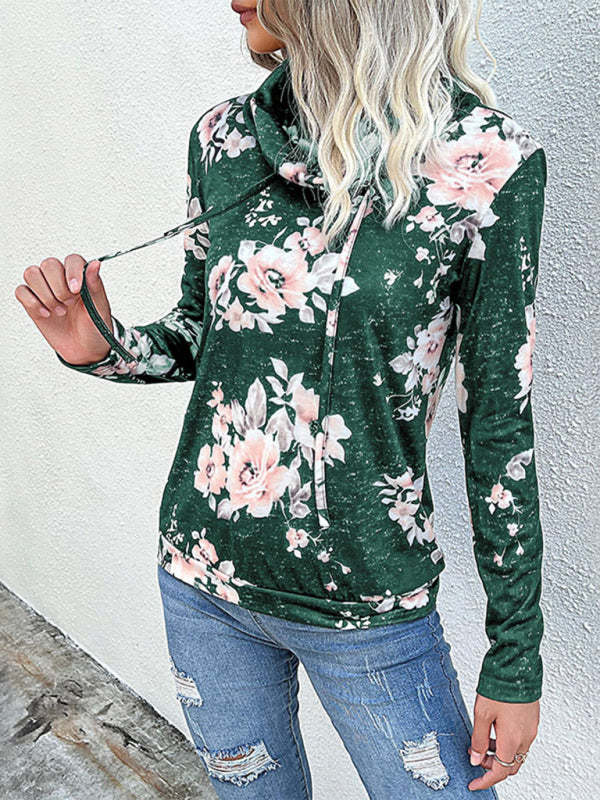 Floral Cowl Neck Sweatshirt - Adjustable Drawstring, Long Sleeve Top Sweatshirts - Chuzko Women Clothing