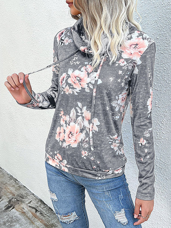 Floral Cowl Neck Sweatshirt - Adjustable Drawstring, Long Sleeve Top Sweatshirts - Chuzko Women Clothing