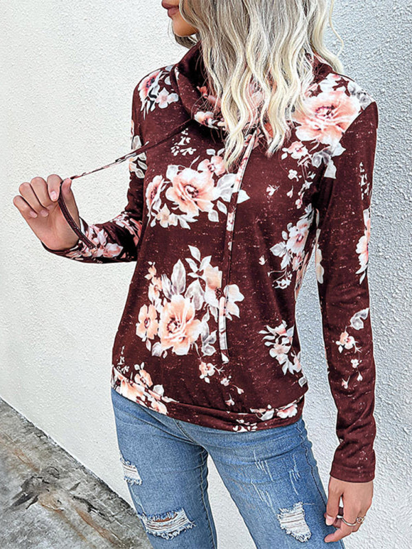 Floral Cowl Neck Sweatshirt - Adjustable Drawstring, Long Sleeve Top Sweatshirts - Chuzko Women Clothing