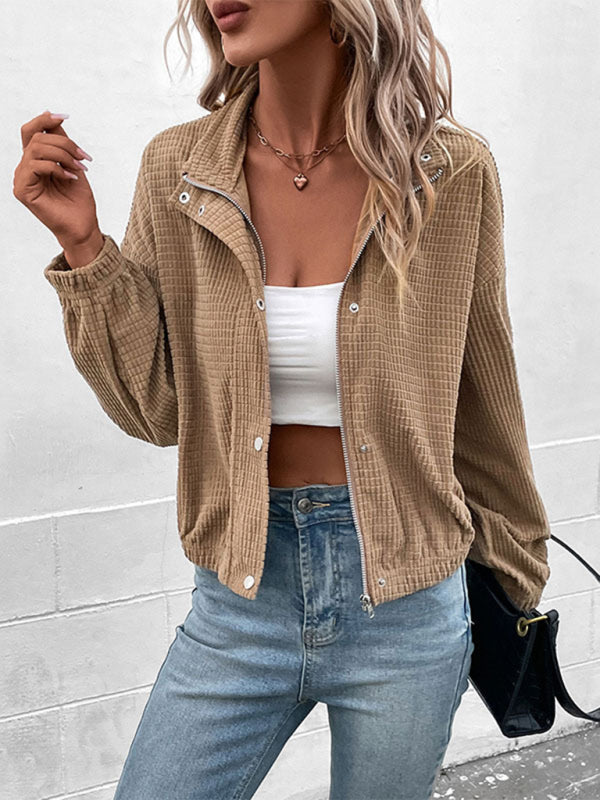 Corduroy Waffle Texture, Zip/Button Jacket Crop Jackets - Chuzko Women Clothing