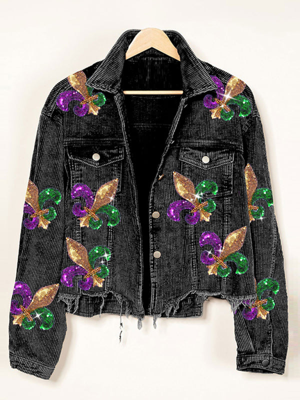 Ripped Corduroy Sequin Patchwork Crop Jacket Crop Jacket - Chuzko Women Clothing