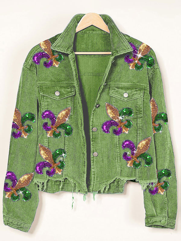 Ripped Corduroy Sequin Patchwork Crop Jacket Crop Jacket - Chuzko Women Clothing