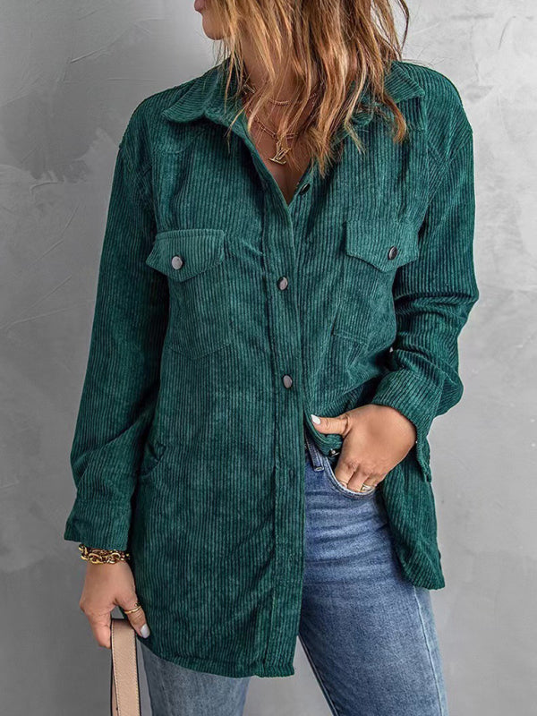 Solid Corduroy Oversized Shirt Jacket Corduroy Jackets - Chuzko Women Clothing