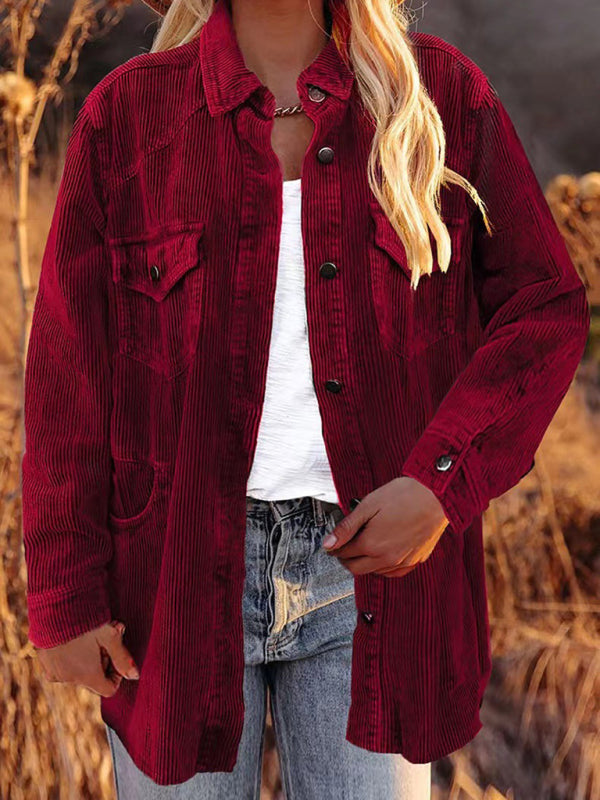 Solid Corduroy Oversized Shirt Jacket Corduroy Jackets - Chuzko Women Clothing