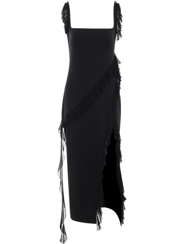 Ruffle Side Slit Dress Gown - Chuzko Women Clothing