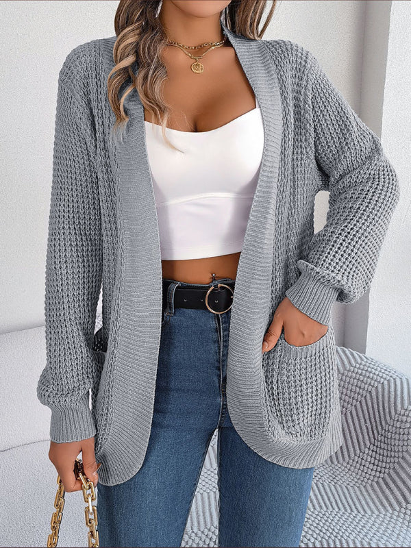 Solid Waffle Knitted Pocket Cardigan Cardigans - Chuzko Women Clothing